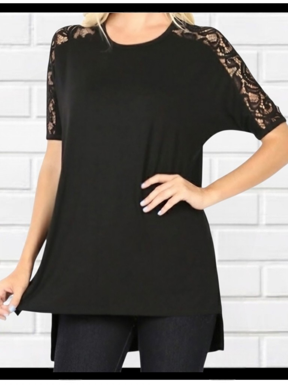 ZENANA PREMIUM Black Lace Short Sleeve Tunic Tee Size 1X